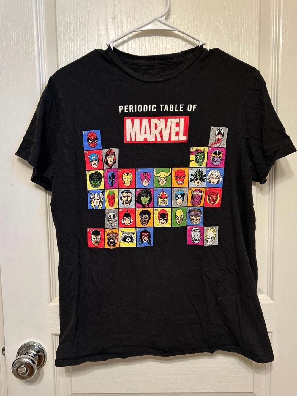 Marvel Black Tee with Red Logo and Multi-Color Character Grid